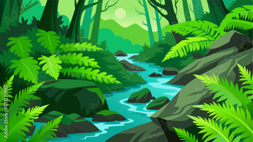 Lush green ferns and vibrant moss cling to the rocks and roots lining the stream creating a lush and vibrant landscape.