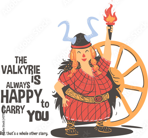 Cheerful Cartoon Valkyrie in Red Plaid Dress Holding Torch.
