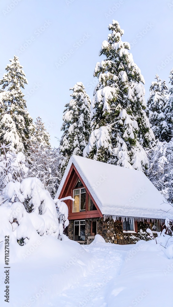 Naklejka premium Snowy cabin nestled in a winter forest