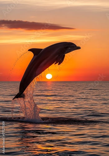Dynamic dolphin leaping into golden sunrise spectacle in the sea