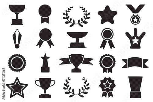 Set of trophy and award icons, featuring cups, medals, stars, and laurels in a simple black silhouette style