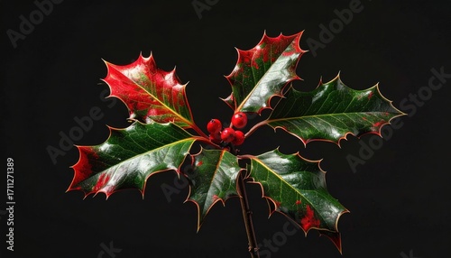 A dark background highlights bright holly leaves with red spots & vibrant red berries on a light brown twig