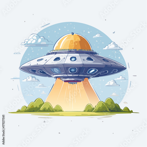 Playful cartoon UFO illustration in a bright sky, beaming light onto rolling green hills, perfect for a cheerful sci-fi theme and imaginative storytelling