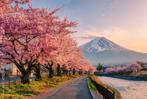 Scenic view with cherry blossoms lining a path to a snow-capped mountain, river flowing beside, sunset hues painting the sky in a serene vista
