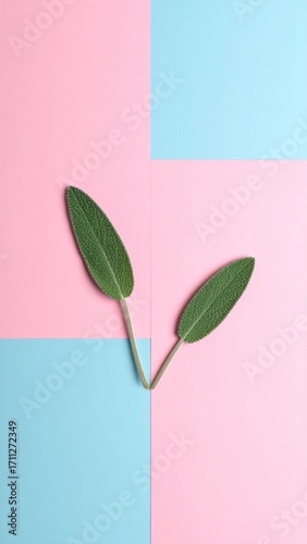 Two green sage leaves arranged on a pastel pink and blue geometric background, creating a minimalist, fresh composition