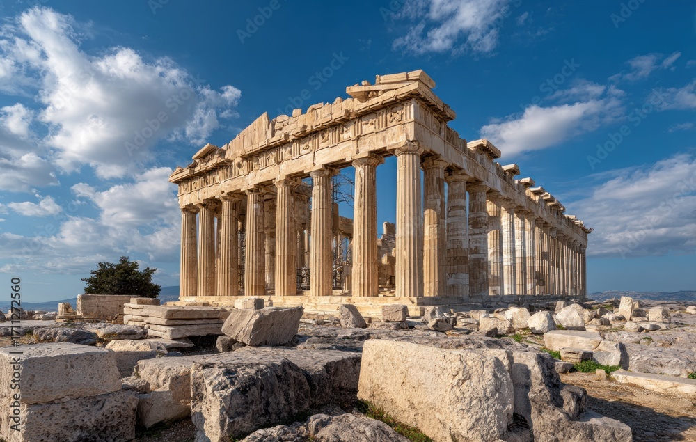 Obraz premium Ancient temple ruins stand majestically on a rocky hillside under a partly cloudy blue sky. Remnants litter the foreground