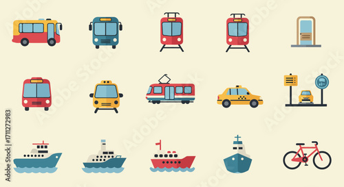 A modern flat design vector illustration depicting a comprehensive set of public transportation icons, perfect for web, mobile apps, or infographic use.