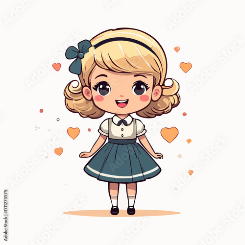 Cheerful blonde cartoon girl with a sweet smile, blue bow, and charming dress, surrounded by floating hearts, radiating pure happiness and childlike innocence