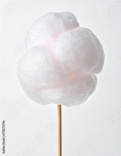 Light, airy pink candy floss on a wooden stick, isolated against a soft white background. Textural details are visible