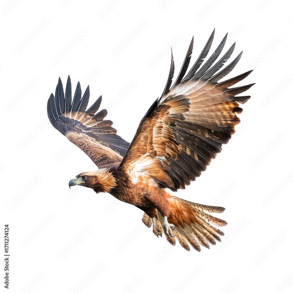 Fototapeta premium Eagle hovering An eagle hovers in place with wings flapping in mid-air. full length isolate on transparent background