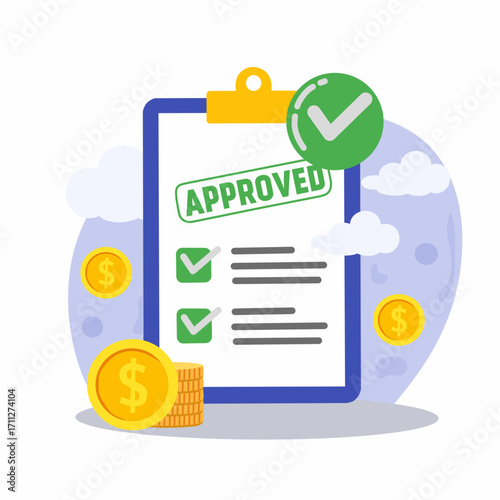 clipboard with approved document, green check marks, and dollar coins, symbolizing financial approval, loan confirmation, successful transaction, business agreement, and budget approval.
