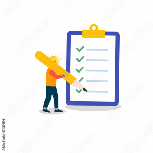 a person holding a big pencil and completing a checklist on a clipboard, symbolizing task management, productivity, goal setting, and success.