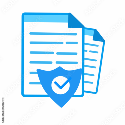 documents with a security shield and check mark, symbolizing data protection, secure files, privacy, verified documents, and information safety.