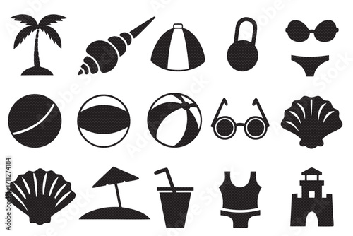 Collection of beach icons, including palm tree, seashell, beach ball, and swimsuit in a simple style
