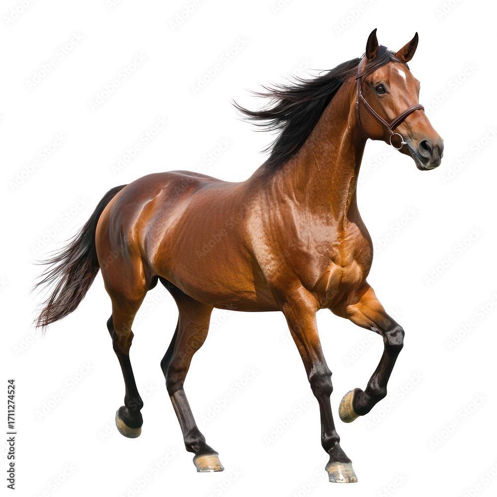 Naklejka premium Horse trotting A horse moves at a moderate pace, lifting its legs in a rhythmic motion. full length isolate on transparent background