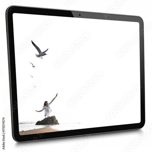 Tablet showcasing a woman on rocks by the sea with birds, against a bright white background, digitally manipulated and isolated
