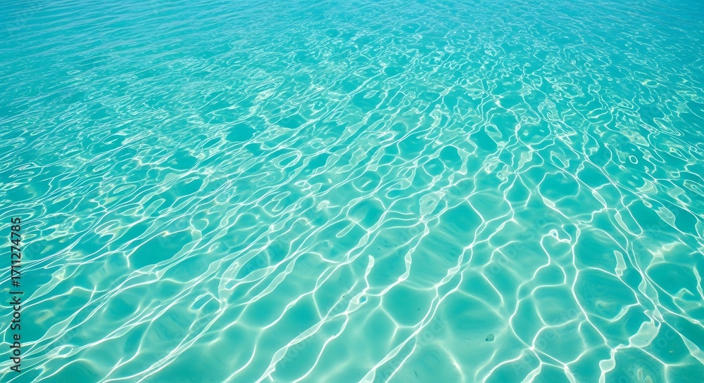 Obraz premium Calm and transparent turquoise sea water with beautiful sunlit caustics on the sandy seabed