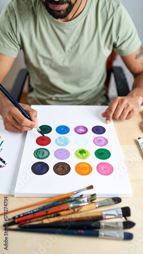 An artist, focused on their work, meticulously paints colorful, abstract circles on canvas, with brushes arranged near the canvas