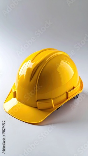 A vibrant yellow construction hard hat sits angled, casting a soft shadow against a gradient light background, conveying safety and preparedness