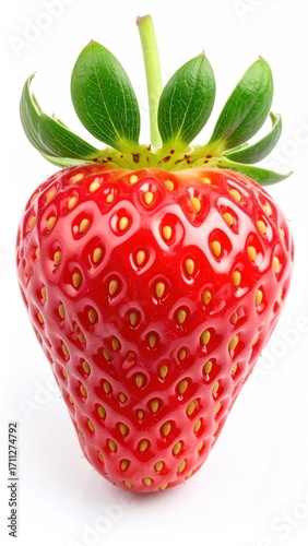 Ripe strawberry. The strawberry is red with green leaves and seeds, against a white background, capturing its vibrant, fresh, and appealing look