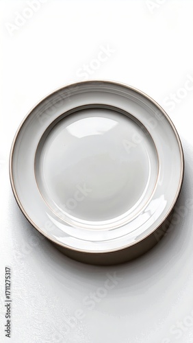 Minimalist ivory plate, elevated on white. A warm-toned rim accents its round form. Clean, simple, inviting, with gentle shadows