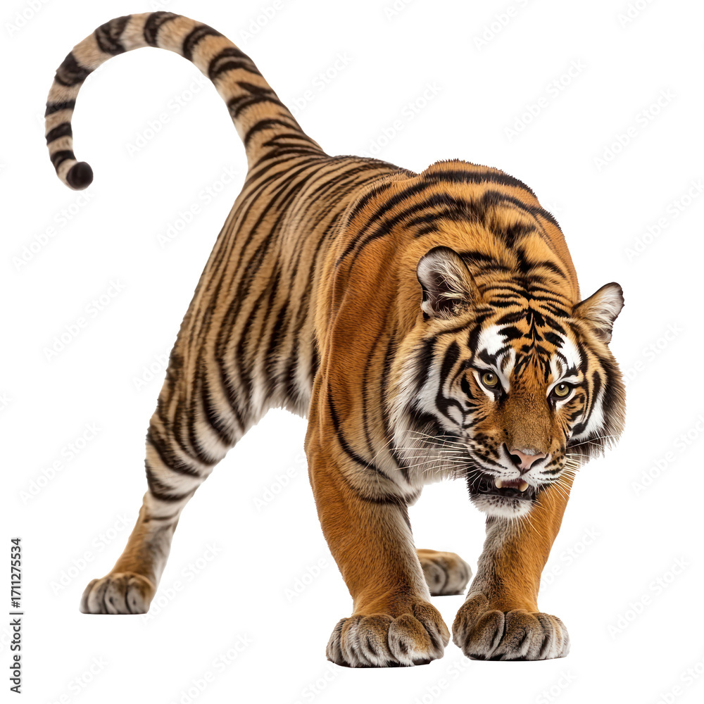 Obraz premium Tiger stretching A tiger stretches its front legs out, arching its back and tail extended. full length isolate on transparent background