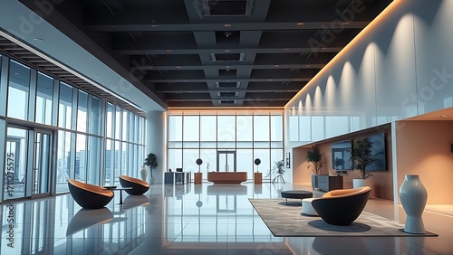Modern office lobby featuring sculptural furniture and clean architectural lines under balanced lighting.