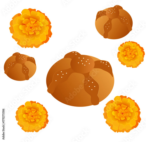 Day of the Dead Set – Pan de Muerto Bread and Marigold Flowers Vector Illustration on White Background Set Día de los Muertos – Pan de Muerto y Flores de Cempasúchil Ilustración Vectorial 