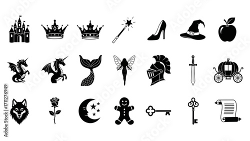 High-Quality Silhouette Icon Set – Fairy Tale Tattoo Icons, Fantasy, Magical, and Whimsical Designs