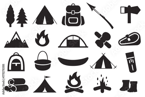 Outdoor adventure and camping icons, showcasing essential equipment for wilderness exploration and recreational activities