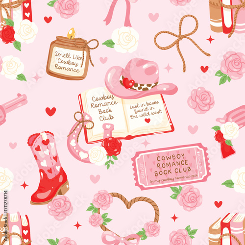 Cowboy Romance Seamless Pattern, Bookish Western Valentine Print, Cute Pink Roses and Boots, Girly Cowboy Digital Paper