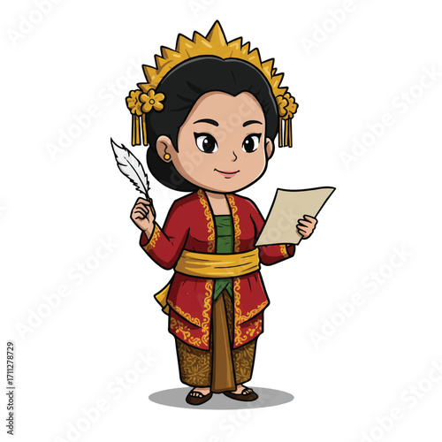 Dewi Sartika, Indonesian pioneer, in vibrant cartoon vector, wears Sundanese kebaya, holds scroll and pen, symbolizing education and knowledge on white.