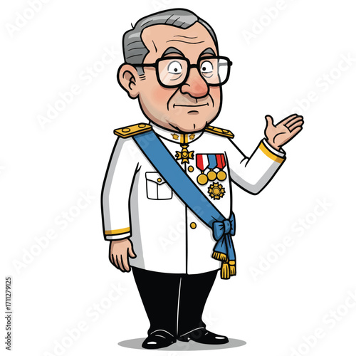 Vector cartoon illustration of Frans Kaisiepo, an Indonesian national hero, delivering an inspiring speech while wearing a dignified white formal uniform adorned with gleaming medals.