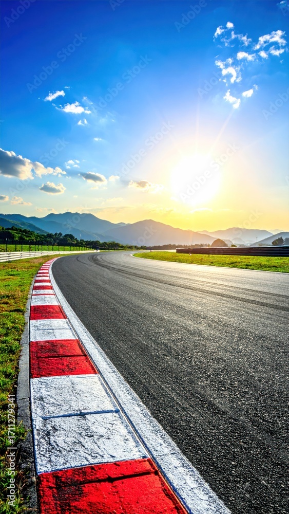 Fototapeta premium A scenic, curving racetrack stretches toward a bright sun setting behind distant mountains under a blue sky with wispy white clouds