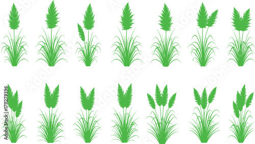 Green plant silhouettes, botanical icons, foliage shapes, leaf stalk variations, nature graphics, garden elements, vector illustration, minimal design, eco decor, flora set