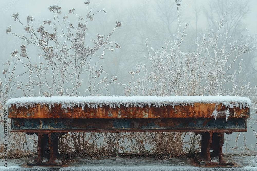 Obraz premium Rusted bench covered in snow.