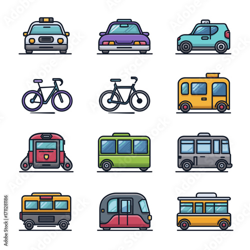 A diverse collection of modern flat design vehicle icons representing urban mobility, public transit, and city commuting
