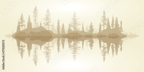 A wild wooded island in the fog, reflected in the lake, sepia tones, minimalistic landscape, vector illustration