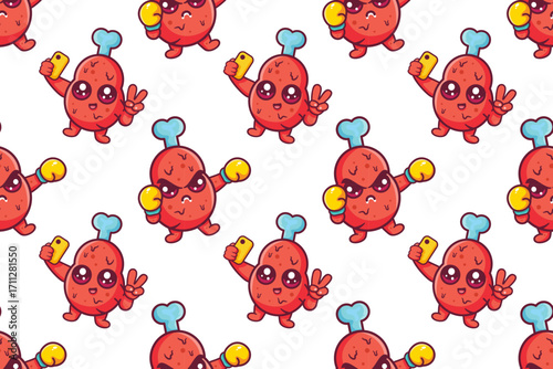 kawaii chicken thigh food character seamless pattern illustration background