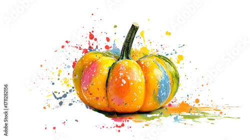 Whimsical pumpkin with paint splatters isolated on transparent background.