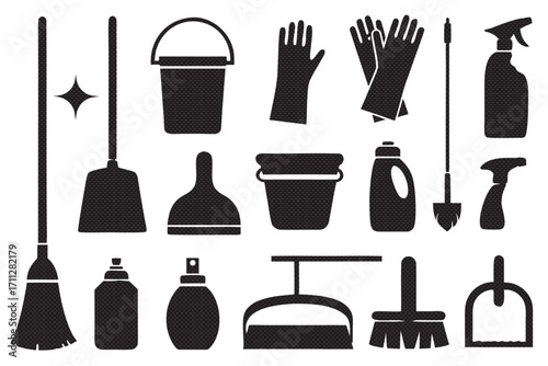 Cleaning service silhouette icon set broom, mop, bucket, glove, spray, bottle, plunger, brush, duster, sponge, cleaner, equipment