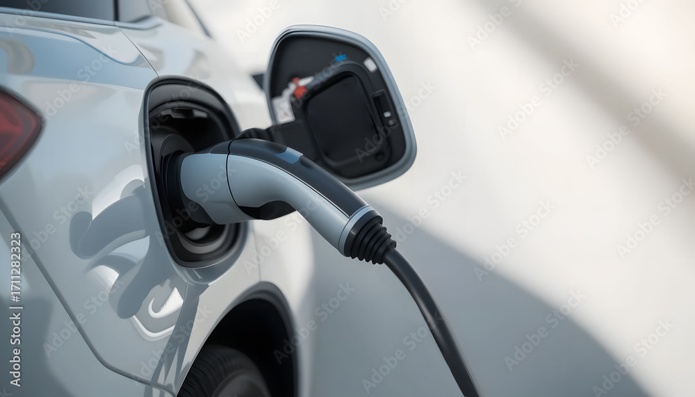 Fototapeta premium A clean, close-up shot of an electric car being charged, emphasizing the minimalist design of the charger against a light gray background.