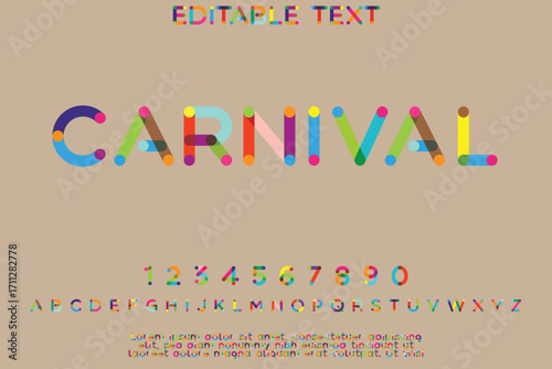 Colorful carnival alphabet and numbers on kraft paper background