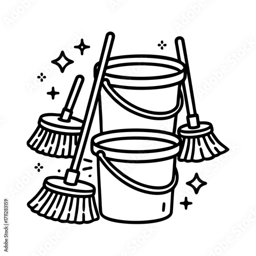 Cleaning Supplies with Buckets and Brooms for Janitorial Work Line Art Vector