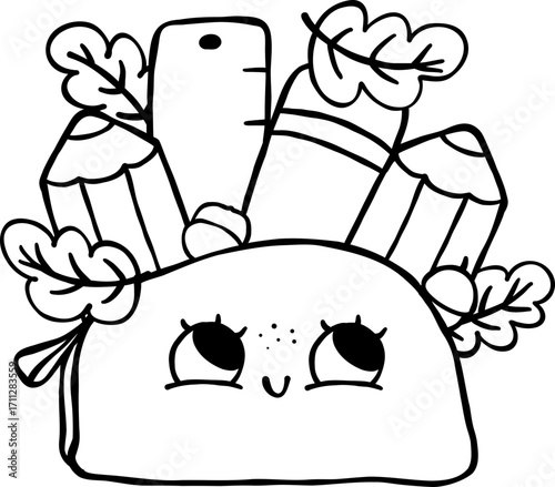 Cute Autumn Back to School Outline, Pencil Pouch Bag Hand Drawing