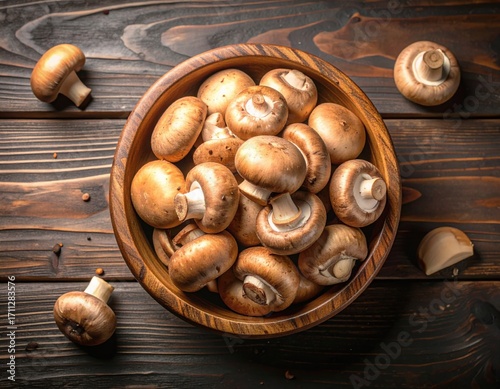 A pile of mushrooms in a bowl. on a wooden table. top view