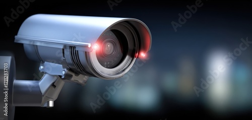 Close-up of security camera with red lights glowing, against a blurred city backdrop, symbolising safety and surveillance