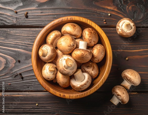 A pile of mushrooms in a bowl. on a wooden table. top view