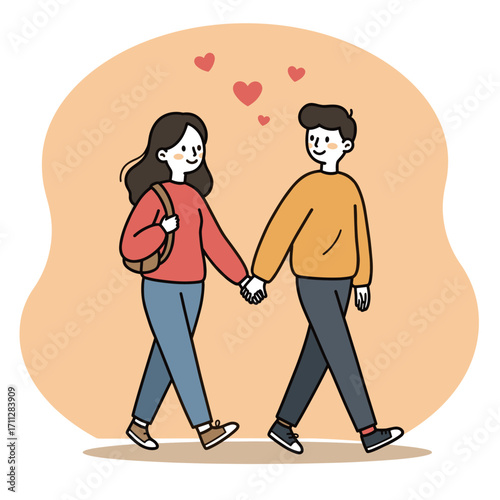 Cute Couple Walking Hand in Hand with Love Hearts