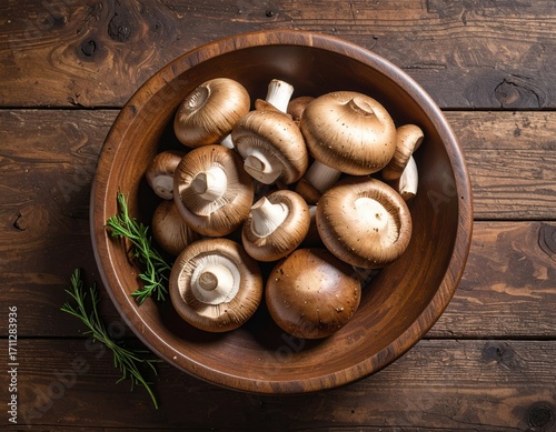 A pile of mushrooms in a bowl. on a wooden table. top view